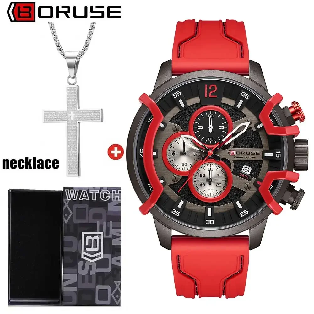 BORUSE ساعة رجالية 2 قطعة/المجموعة رجال الأعمال ساعة كوارتز قلادة مجموعة جولة الهاتفي سيليكون حزام أحمر هدية مثالية للرجال