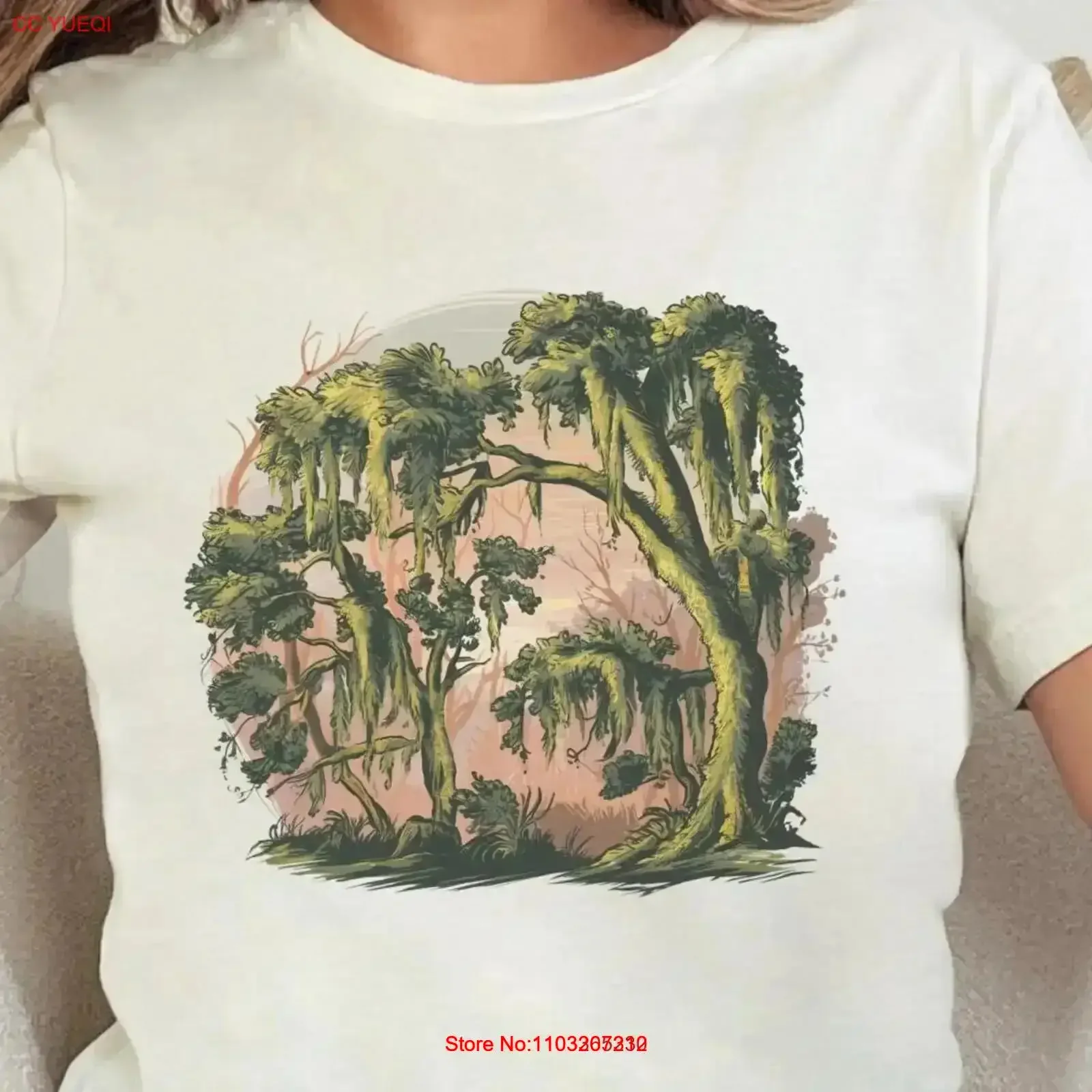 T-shirt Serene Spanish Moss, scène naturelle paisible avec coucher de soleil pastel, art d'arbre tranquille, pour les amateurs d'art, tailles disponibles, effet vintage délavé