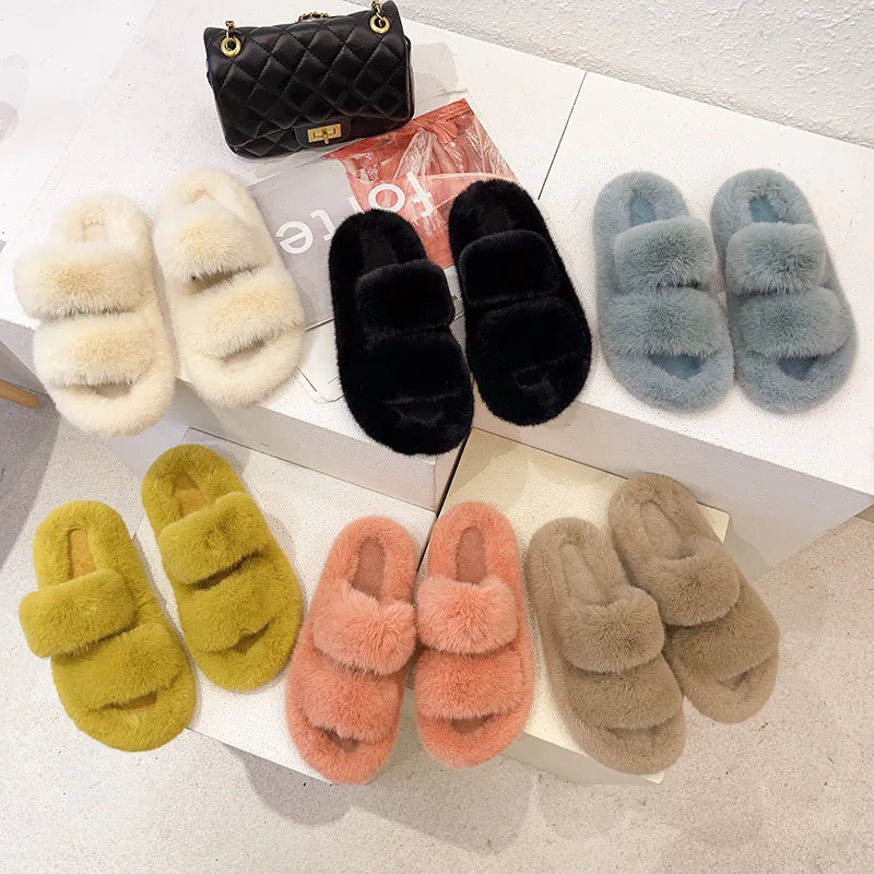 2023 Winter Keep Warm Women Fur Furry Slippers for Home Fluffy Soft Indoor Slides Thick Flats Heel Non Slip Indoor House Shoes