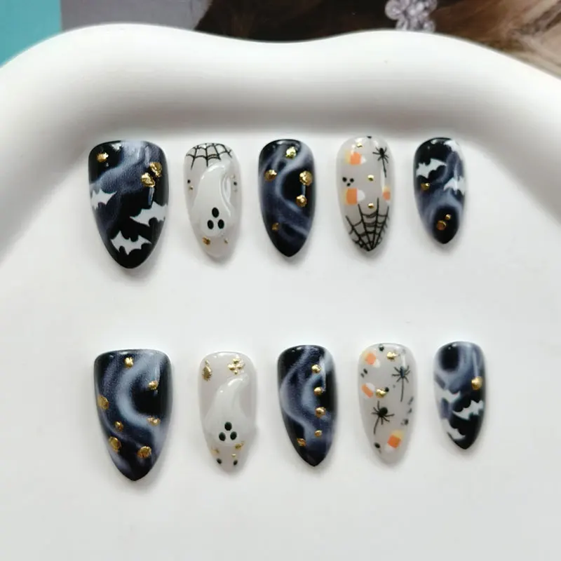 10 Stück 3D Geister-Kürbis Katzenaugen-Kunstnägel mit rauer Textur, Halloween-Nägel, europäische & amerikanische Nagelaufkleber, künstliche Nägel – Detail 11