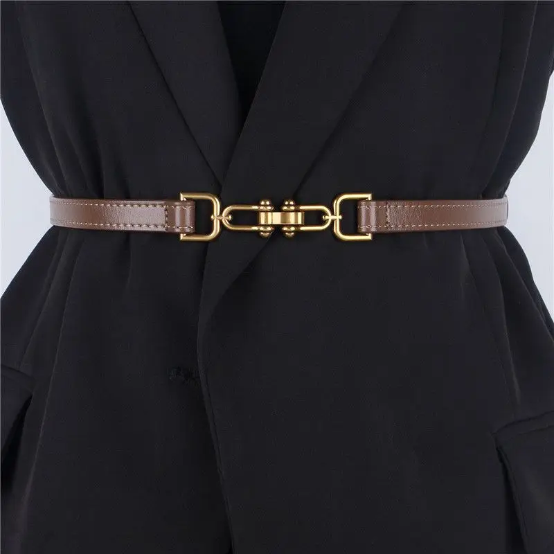 New Adjustable Cowhide Buckle Thin Waistband for Women's Versatile Decorative Dress Accessories Real Belt Waist Chain for Women