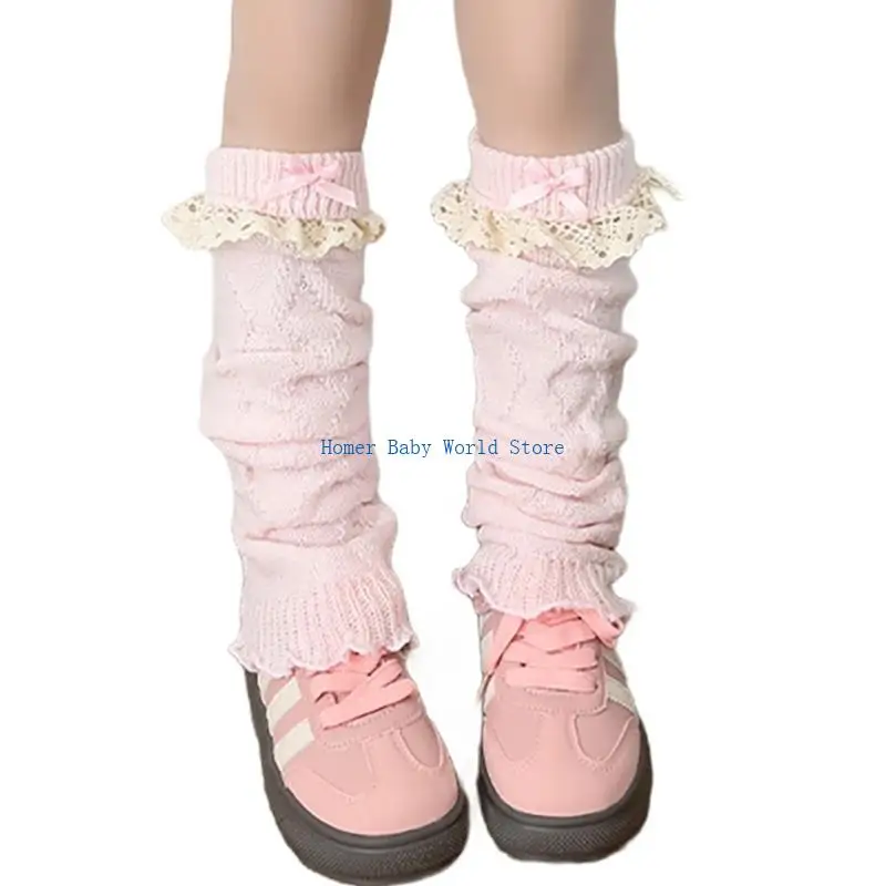 

B2QD Fashion Lace Bowknot Leg Warmers Dresses Socks for Girl School Event Leg Cover