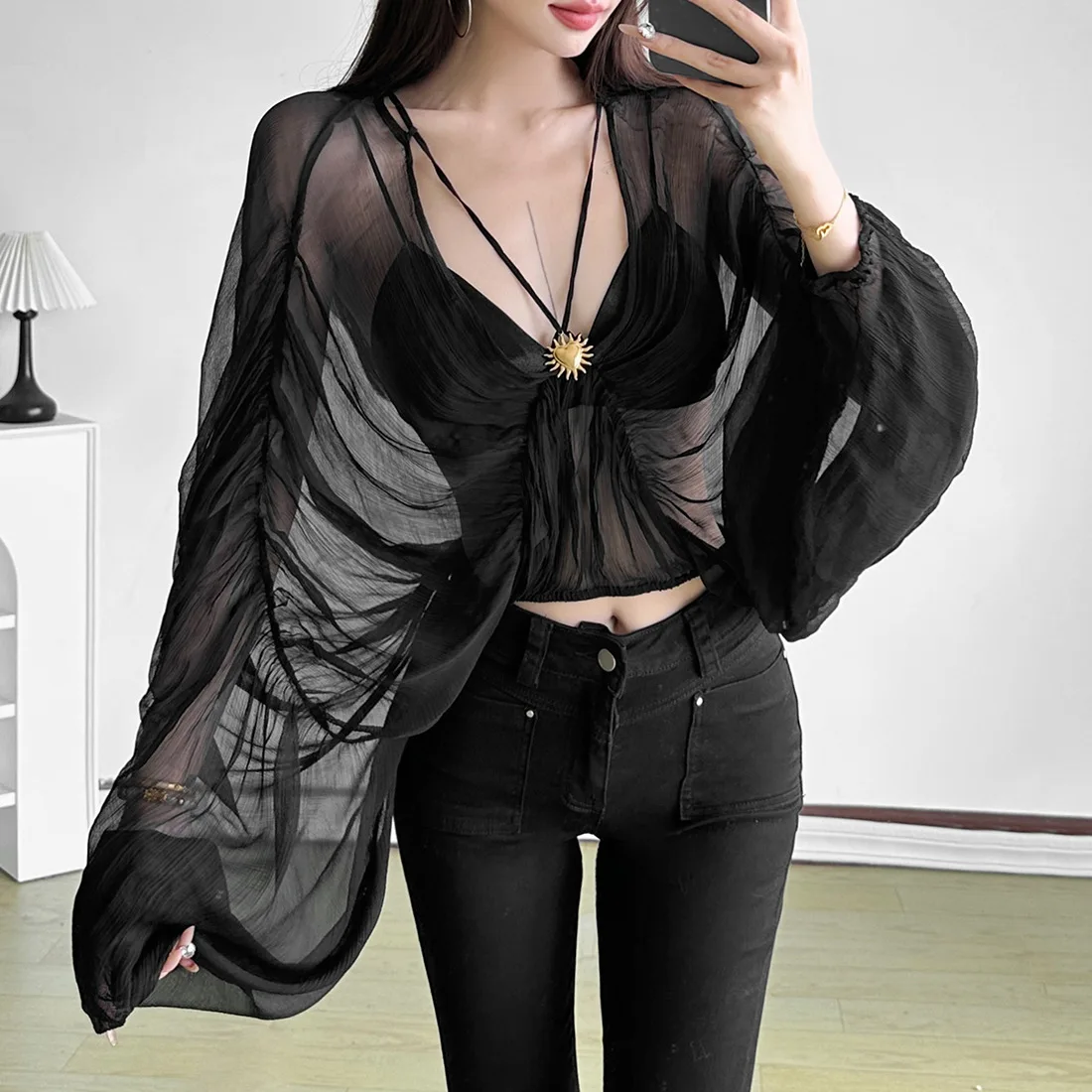 SylCue Mesh See Through T-Shirts Woman Lace-Up Metal Decoration Low-Neck Batwing Sleeve Hot Girls Street Fashion Wild Style Tops