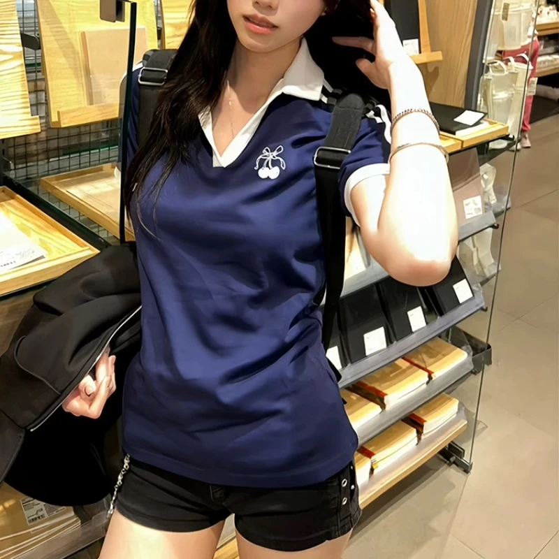 Deeptown Vintage Embroidery Women T-Shirts Striped Short Sleeve American Style Polo Neck Tees Slim Preppy Gyaru Summer Youthful