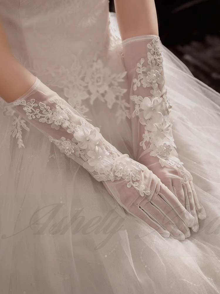 Neue Ankunft Design Hochzeit Handschuhe Blume Applique Ellenbogen Länge Volle Finger Frauen Prom Party Abend Handschuh Braut Braut Zubehör