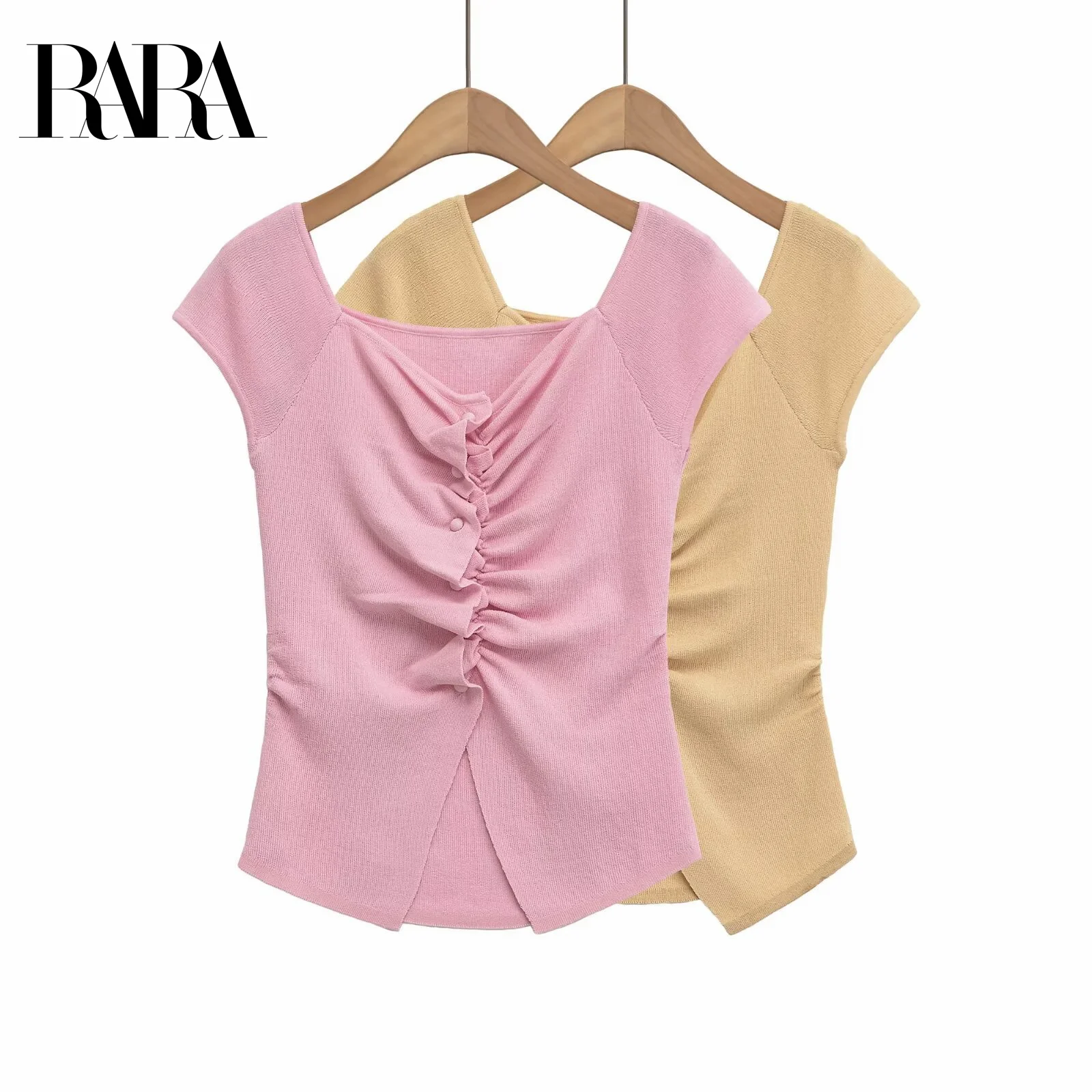 

RARA Women's Summer New Ruffle Pleated Placket Decorated Casual Elegant Sweet Short Sleeve Knit Cardigan