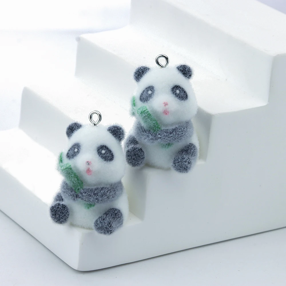 20Pcs 3D Flocking Resin Panda Charms Plush Doll Pendant Accessories for Necklace Keychain Making DIY Jewelry Adornment Wholesale