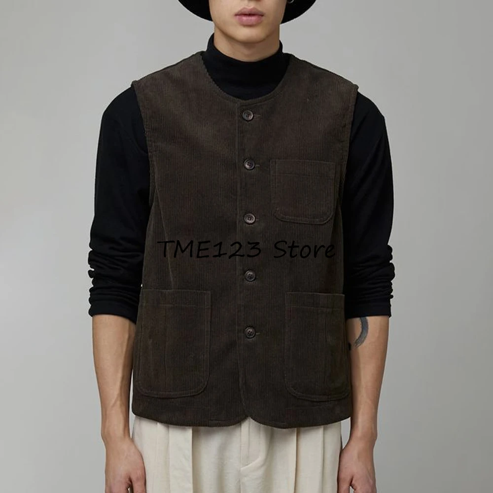 

Мужской жилет, вельветовый костюм, мужской жилет с круглым вырезом для работы, повседневный однобортный жилет без рукавов с тремя карманами, рабочая одежда