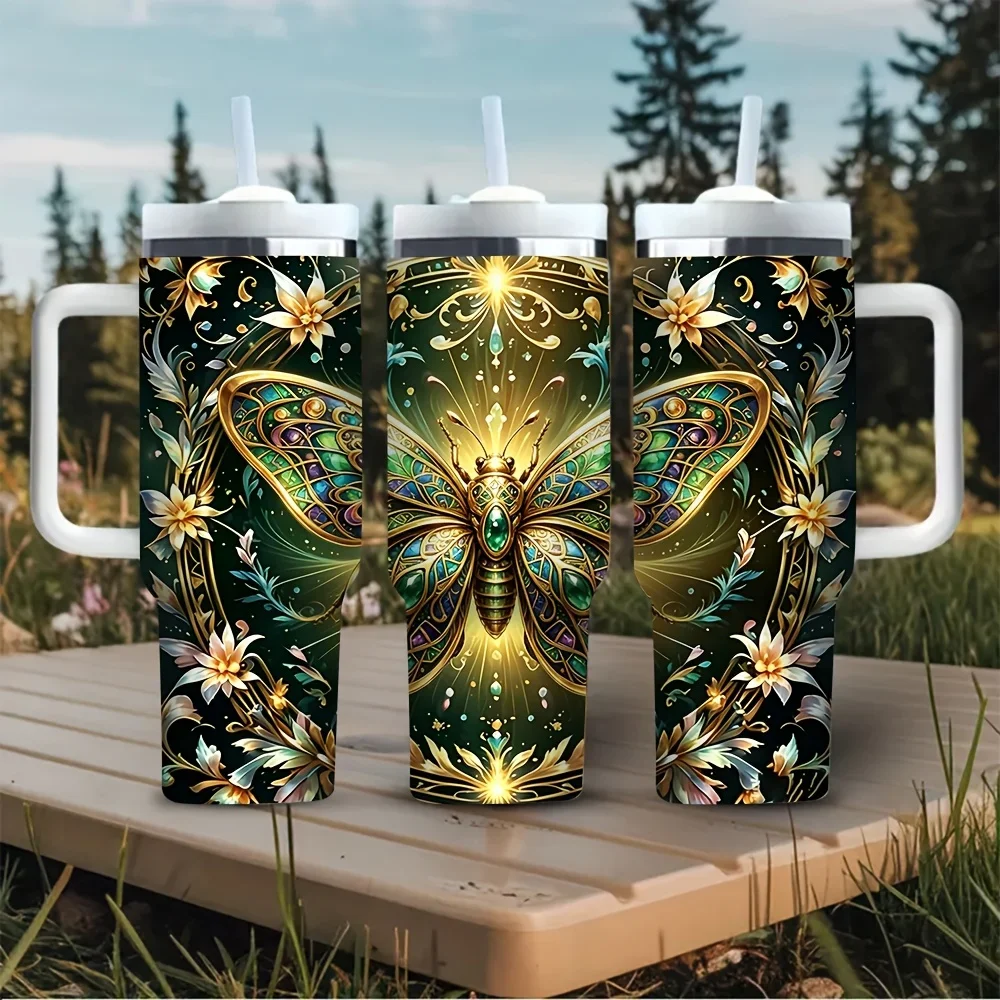 40oz Tumbler with Handle, Features Glowing Moth And Exquisite Floral Pattern, Suitable for Adults for All Seasons, Perfect for Indoor Outdoor Activities, Can Hold Both Hot And Cold Drinks