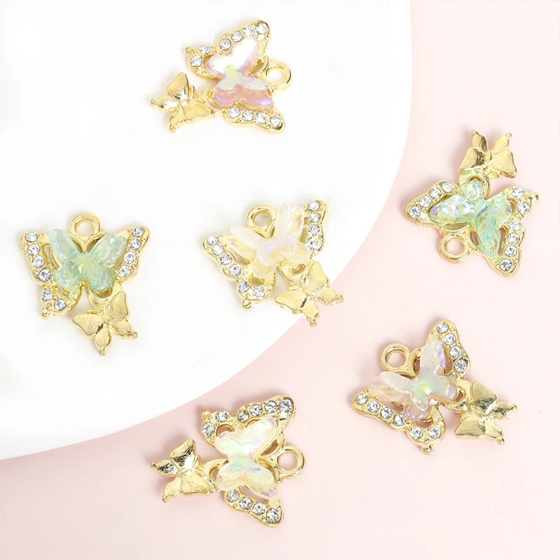 10pcs Exquisite Butterfly Charms with Rhinestones DIY Necklace Bracelet Earrings Dreamy Double Butterfly Acrylic Alloy Pendants