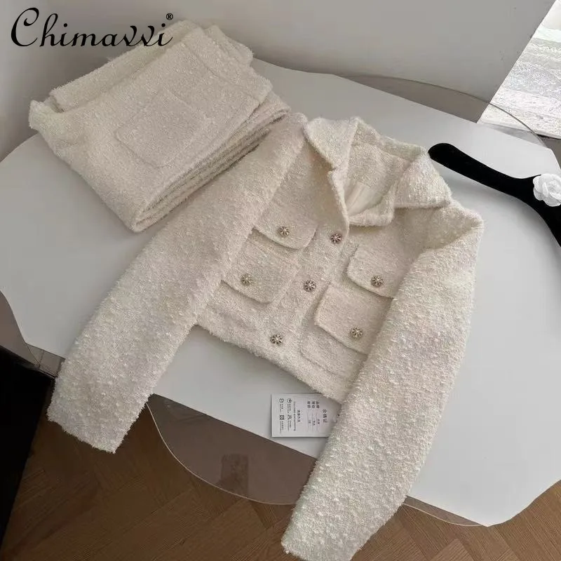 

2025 Winter Clothes New Heavy Tweed Pocket Short Jacket and Straight Long Pants Set for Women Elegant Commuting Two-Piece Set