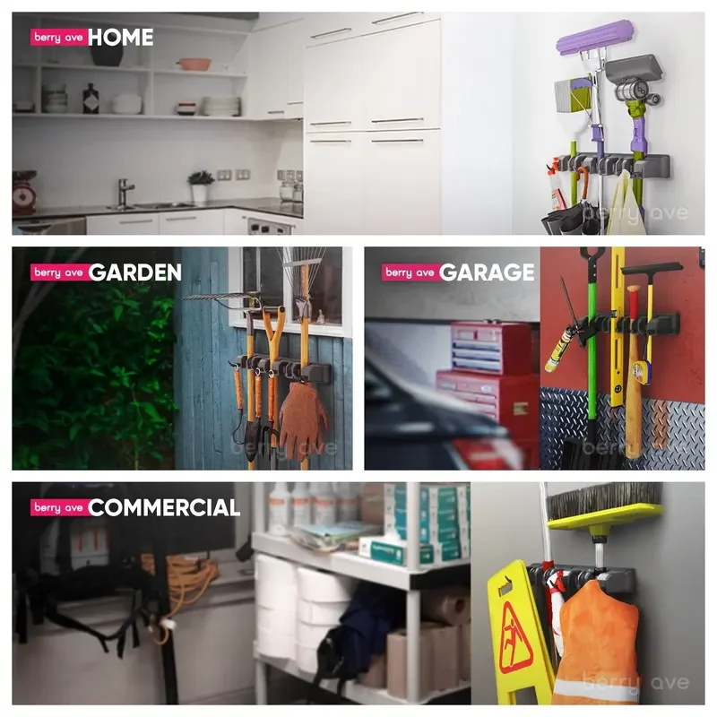 Wall Mounted Mop Holder 3/4/5 Position Multi-Functional Broom Pendant Shelf Home Kitchen Storage Black Magic Plastic Mop Holder image 5