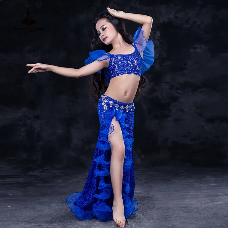 Girls Professional belly dancing clothes luxury sleeveless top+lace split sirt 2pcs child dance set kids belly dance suit SML