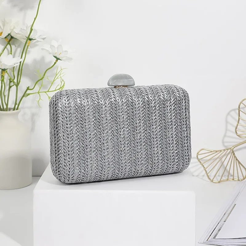 Simple Design Banquet Woven Bag Formal Dress Matching Crossbody Hand Bags Evening Bag Straw Green Beige Color Silver Clutch