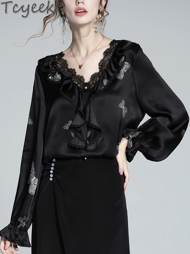 

Tcyeek 95% Mulberry Silk Blouse Woman Luxury V-Neck Tops for Woman Clothing High Quality Floral Shirts 2025 New Блузка Женская