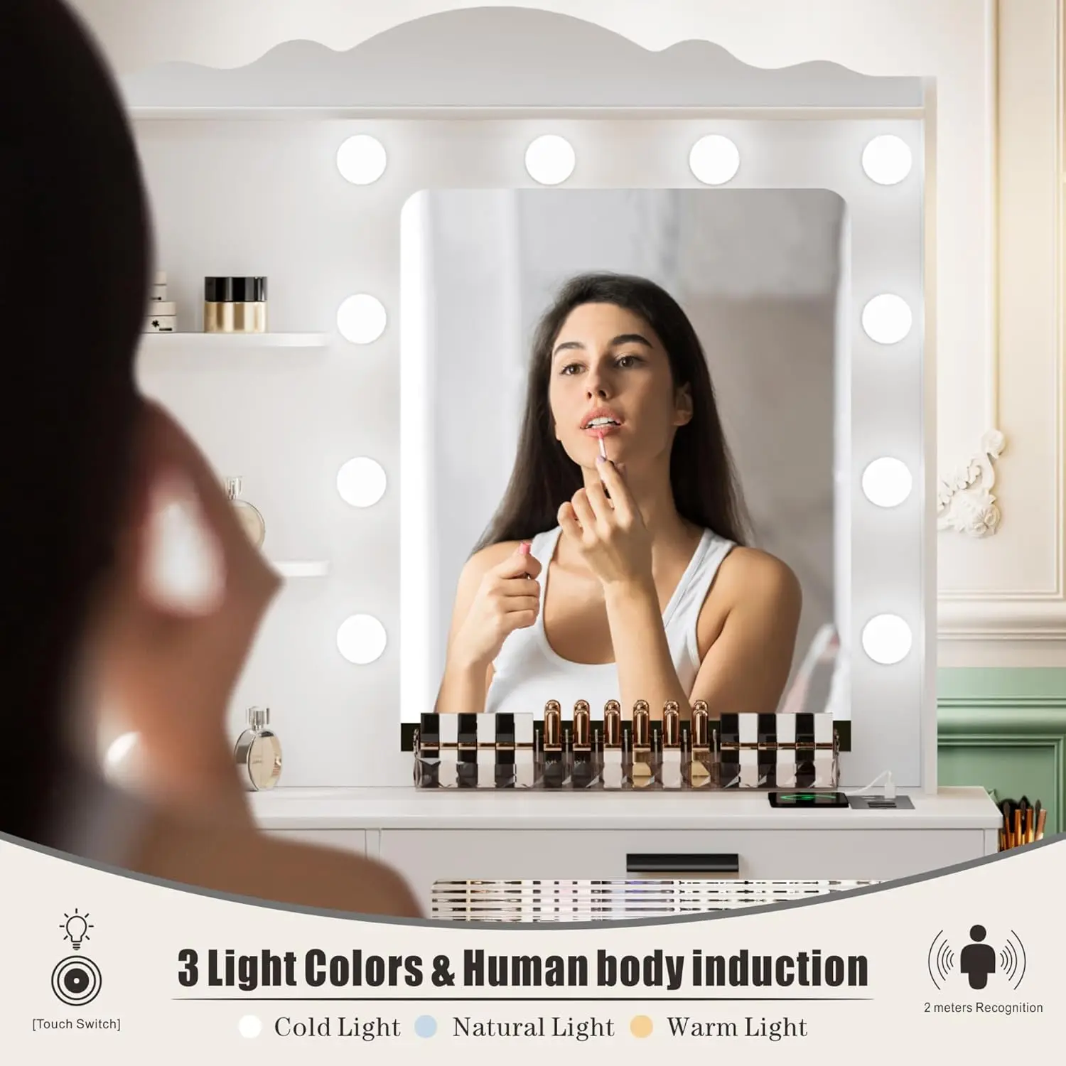 Bedroom Makeup Vanity Desk with Mirror and Lights, White, 5 Drawers, 2 Shelves, 10 Light Bulbs, USB Port, Human Sensor Design view 2