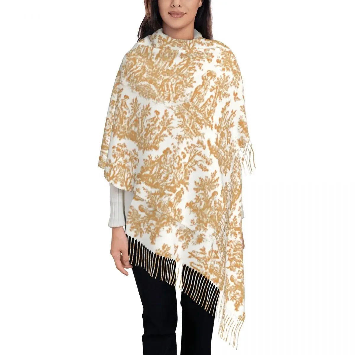 Female Long Vintage Toile De Jouy Scarves Winter Fall Thick Warm Tassel Shawl Wrap French Motif Light Brown And White Scarf