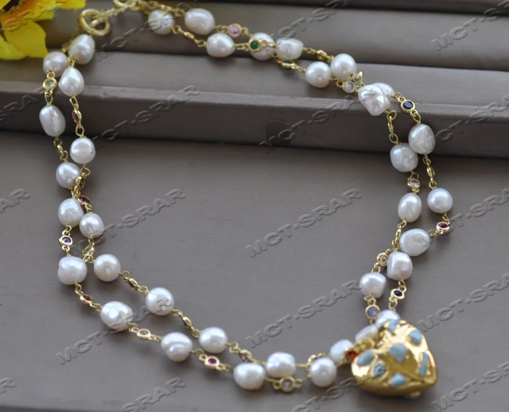 Z12024 2row 20\'\' 12mm White Baroque Pearl CZ Necklace Gold Plated Heart Pendant