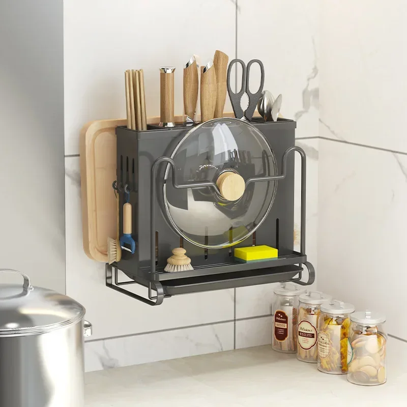 Kitchen knife holder, shelf, multi-functional kitchen knife, chopsticks, drain rack, wall-mounted cutting board, lid storage