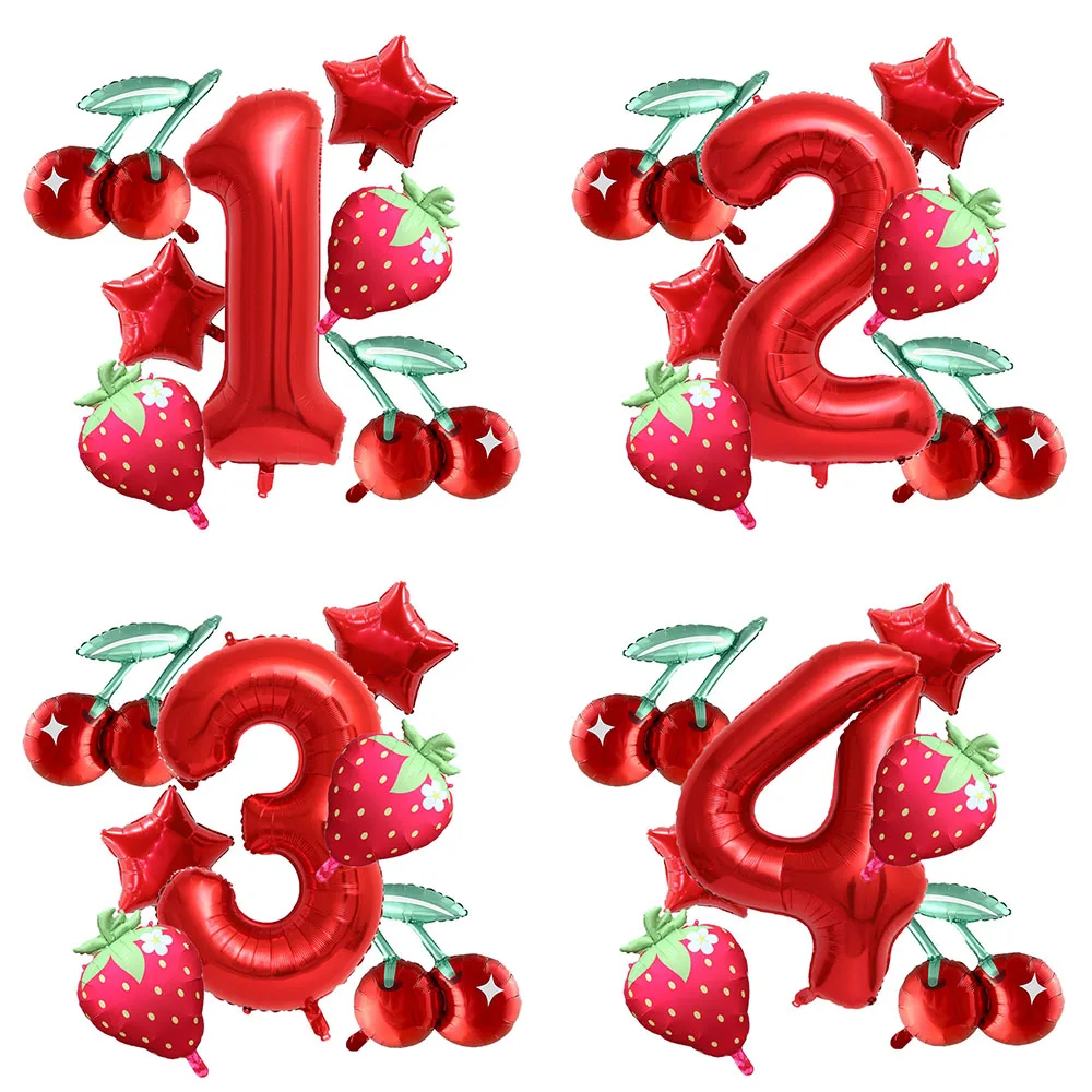 7 قطع الفراولة الكرز حزب بالون رقمي 1-9 بالون مجموعة الفاكهة الحلوة الاطفال عيد ميلاد فتاة الزفاف استحمام الطفل حزب الديكور