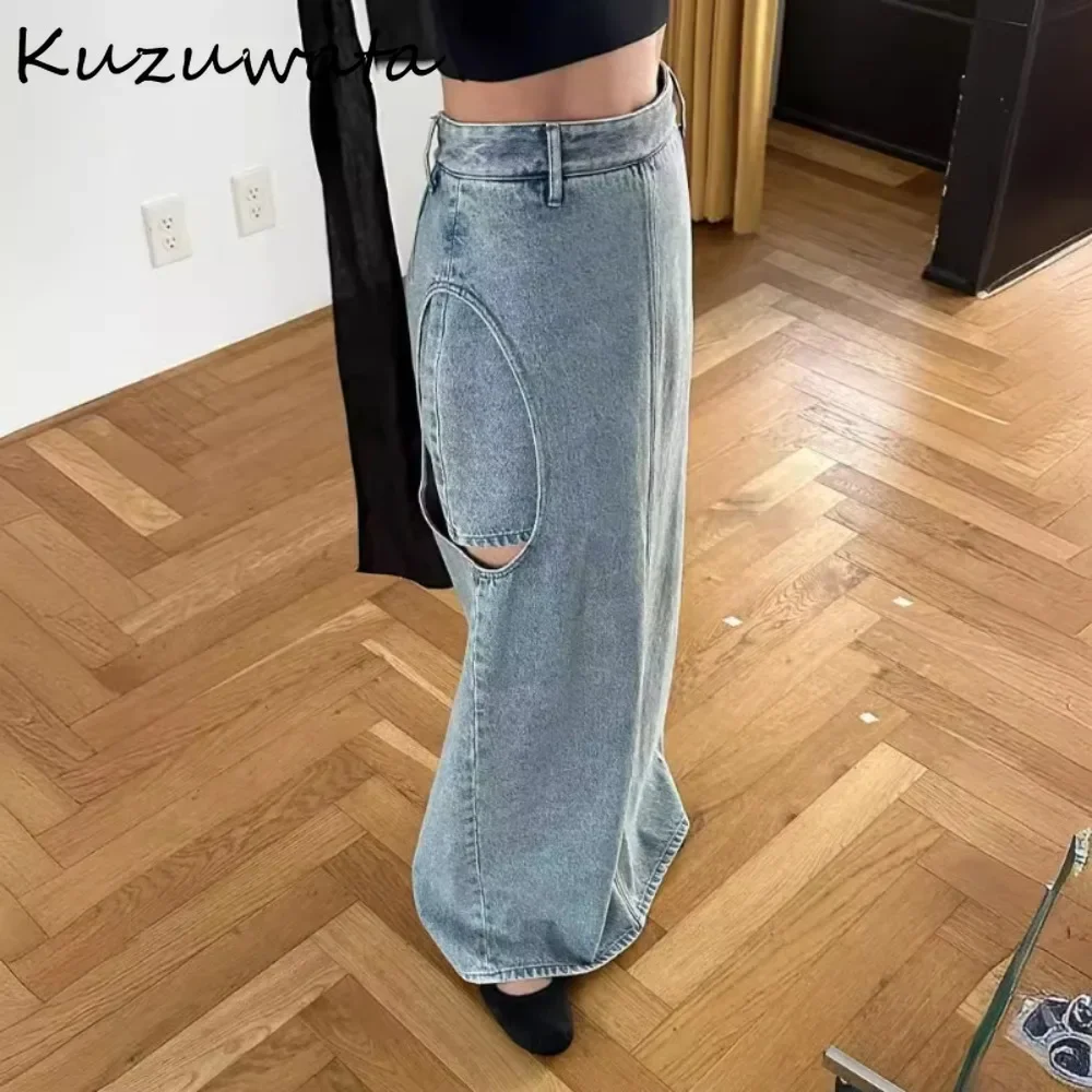 Kuzuwata Vintage High Waist A-line Casual Skirt Slim Fit Mid-length Elegant Cowboy Faldas Japan New Fake Two Pieces Mujer Faldas