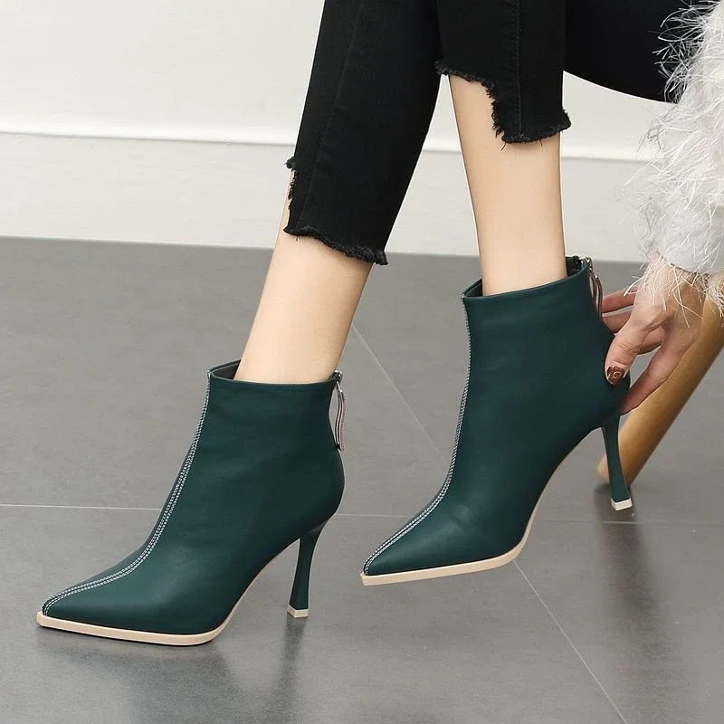 Autumn and Winter New Pointed Back Zipper Color Matching Fashion Stiletto Heels 2024 All-match Female Boots Short Leather Shoes