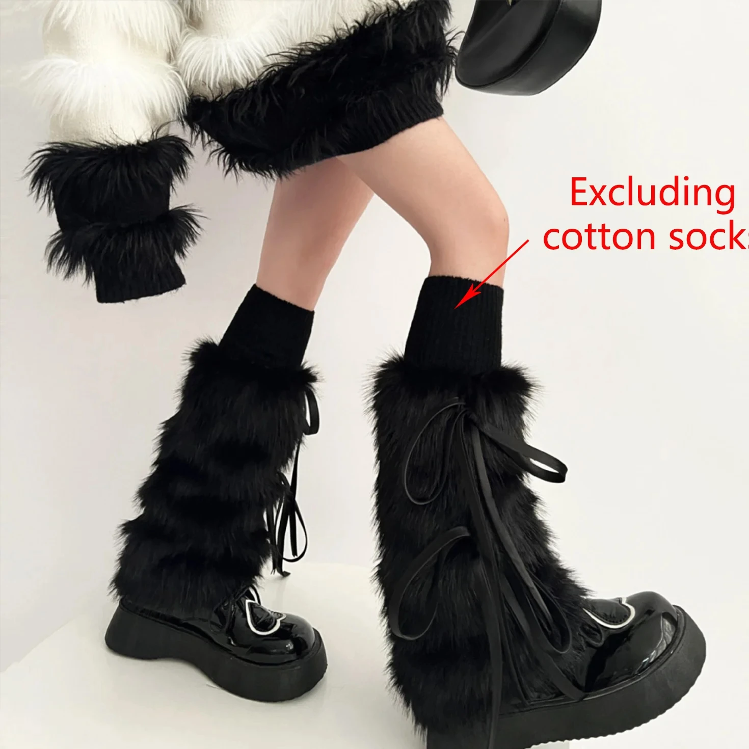 Punk Bow Tie Ribbon Leg Warmers Women Gothic Thickened Furry Boots Winter Warmer Foot Cover Girl Harajuku Party Accessories