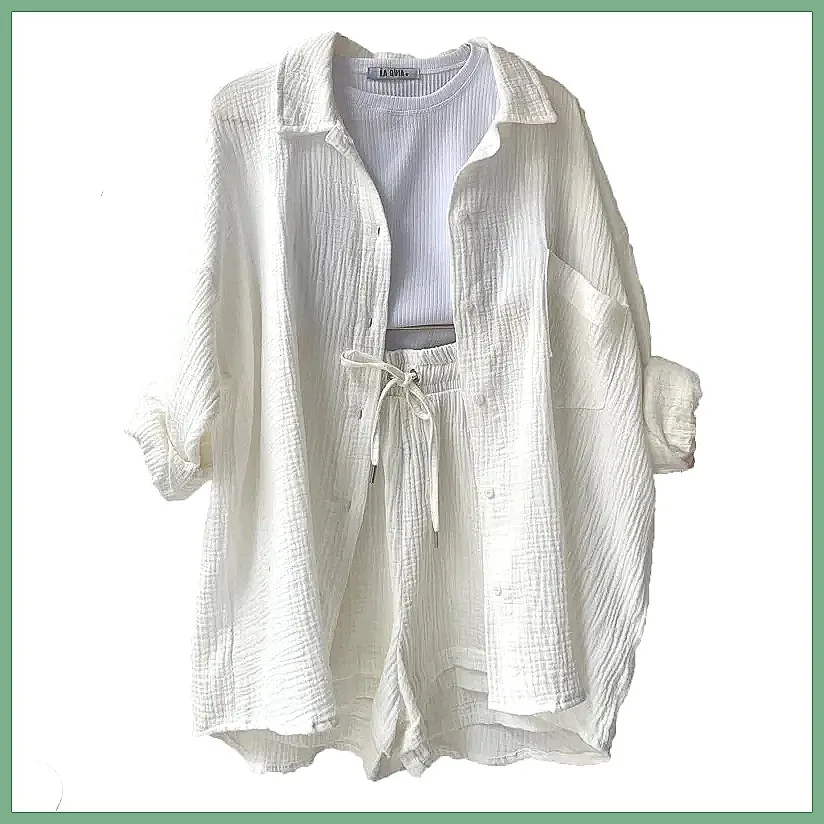 

Women's Summer Two-Piece Set: Lapel Pleated Long Sleeve Shirt & High-Waist Drawstring Shorts Casual Suit