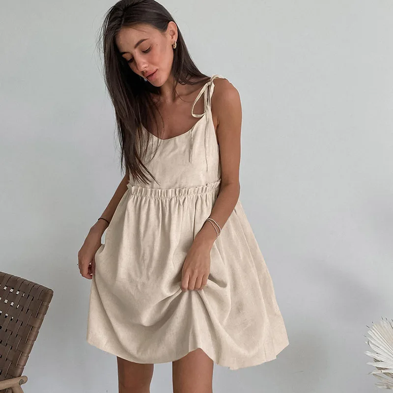Damskie sukienki mini na ramiączkach spaghetti, sznurowane, w jednolitym kolorze, bez rękawów, luźne, w kształcie litery A, letnie sukienki damskie w stylu boho na wakacje i plażę.