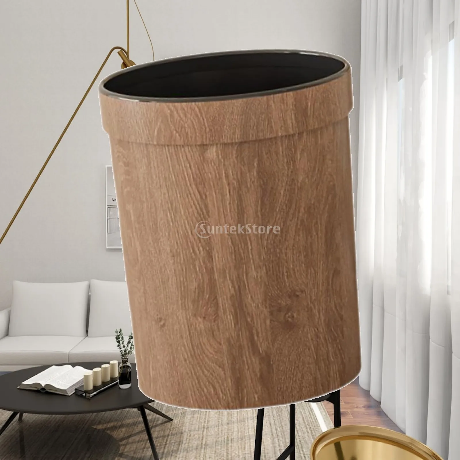 Elegant Wood Grain Bathroom Bin Plastic Waste Container Large Roomy Trash Can for Toilet Kitchen Office