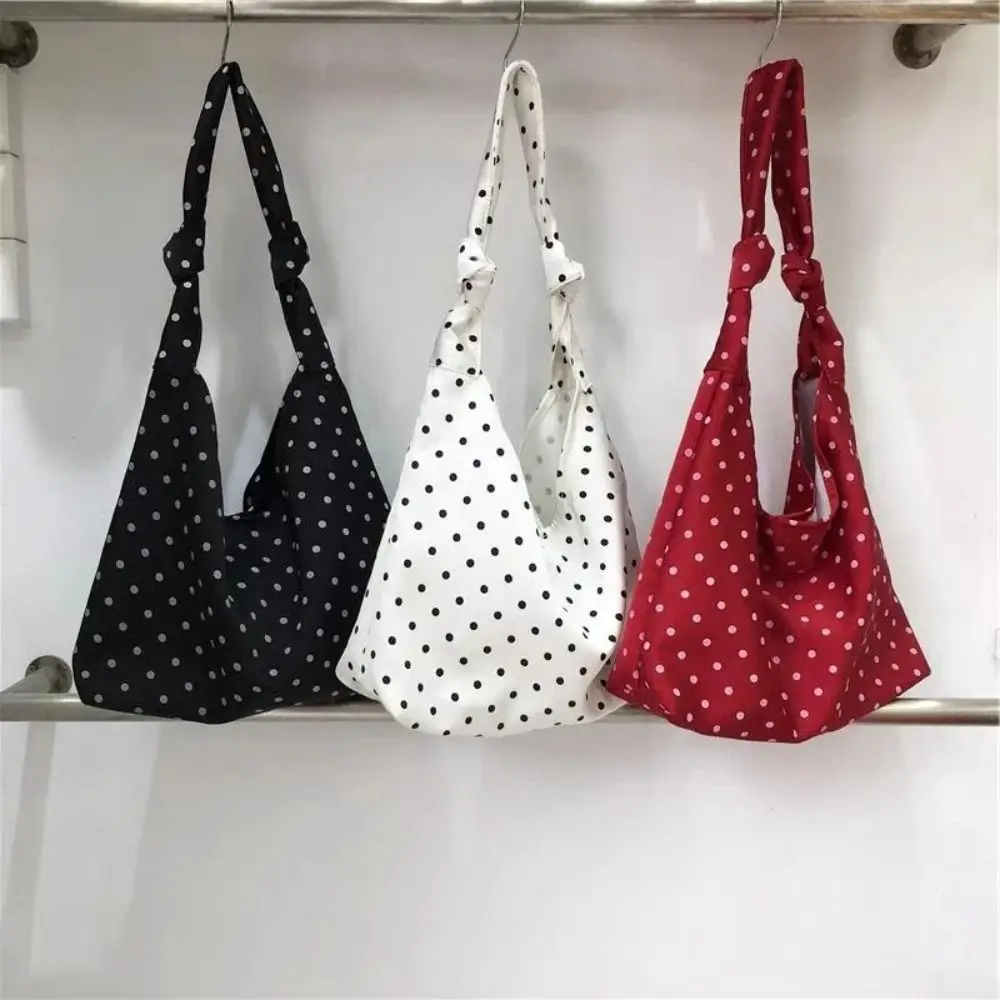 

Fashion Canvas Shoulder Bag Casual Bow Tie Design Tote Bag Polka Dot Pattern Shoulder Strap Handbag Girls
