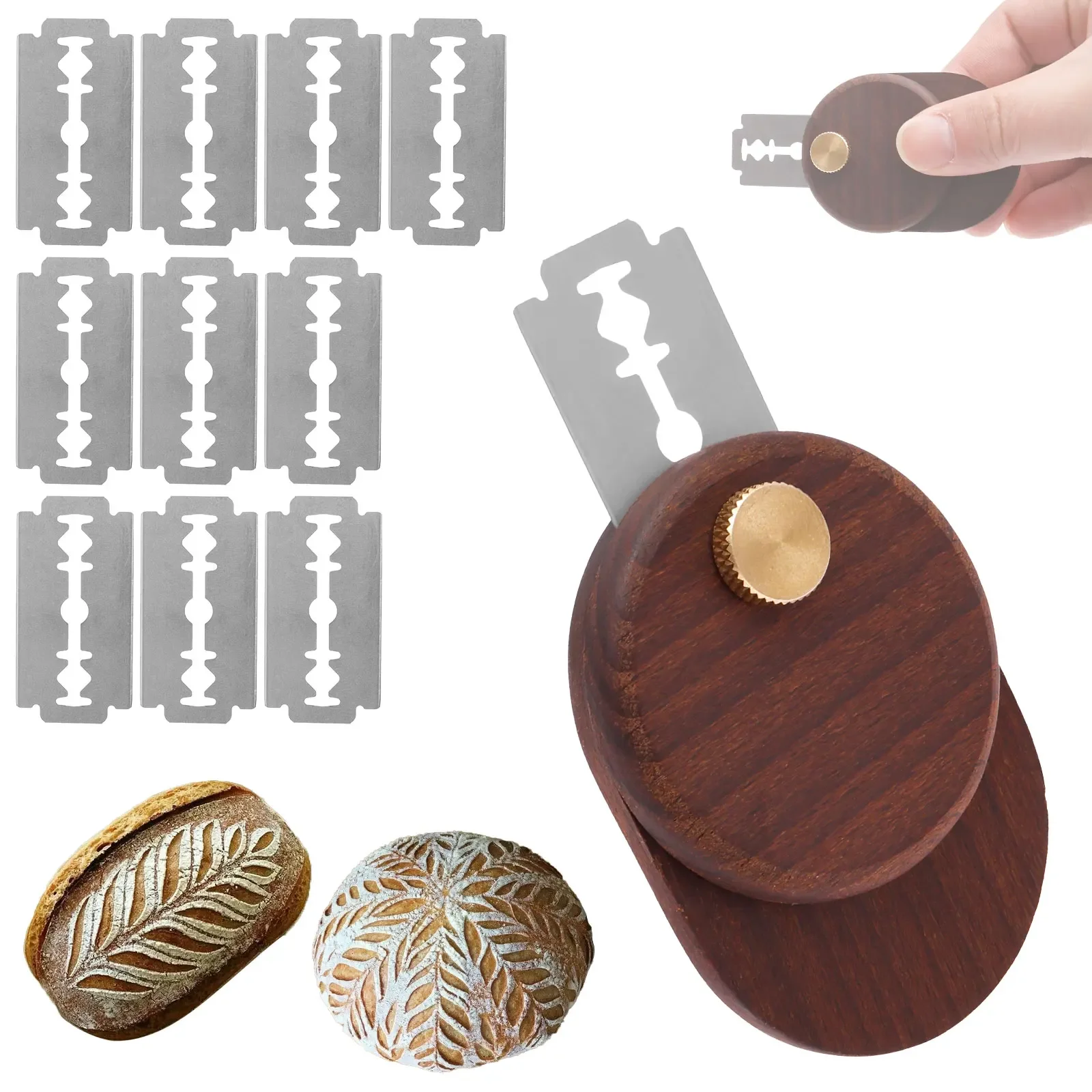 Cortador de masa para pan, herramienta plegable de madera para cortar masa de pan de levadura, incluye 10 cuchillas reemplazables