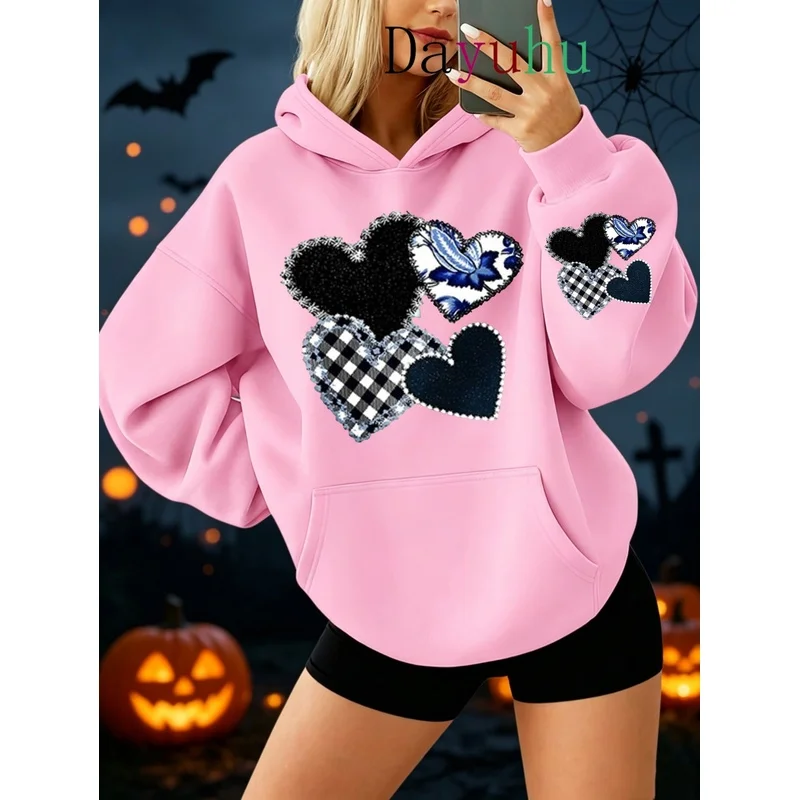 Aesthetic Y2k Streetwear Pullover Hoodie Halloween Sequin Heart Patchwork Print Autumn Winter Daily Street Wear Outdoor