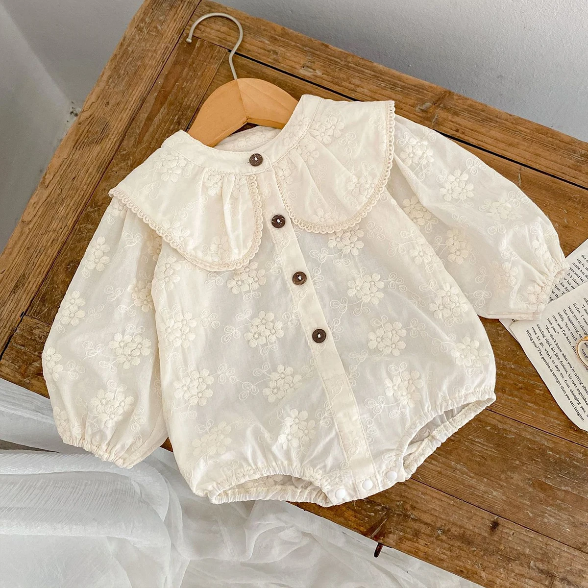 Spring and Autumn New Pure Cotton Infant and Toddler Girl Baby Flower Embroidery Large Neck Long Sleeve Loose Triangle Sweethear