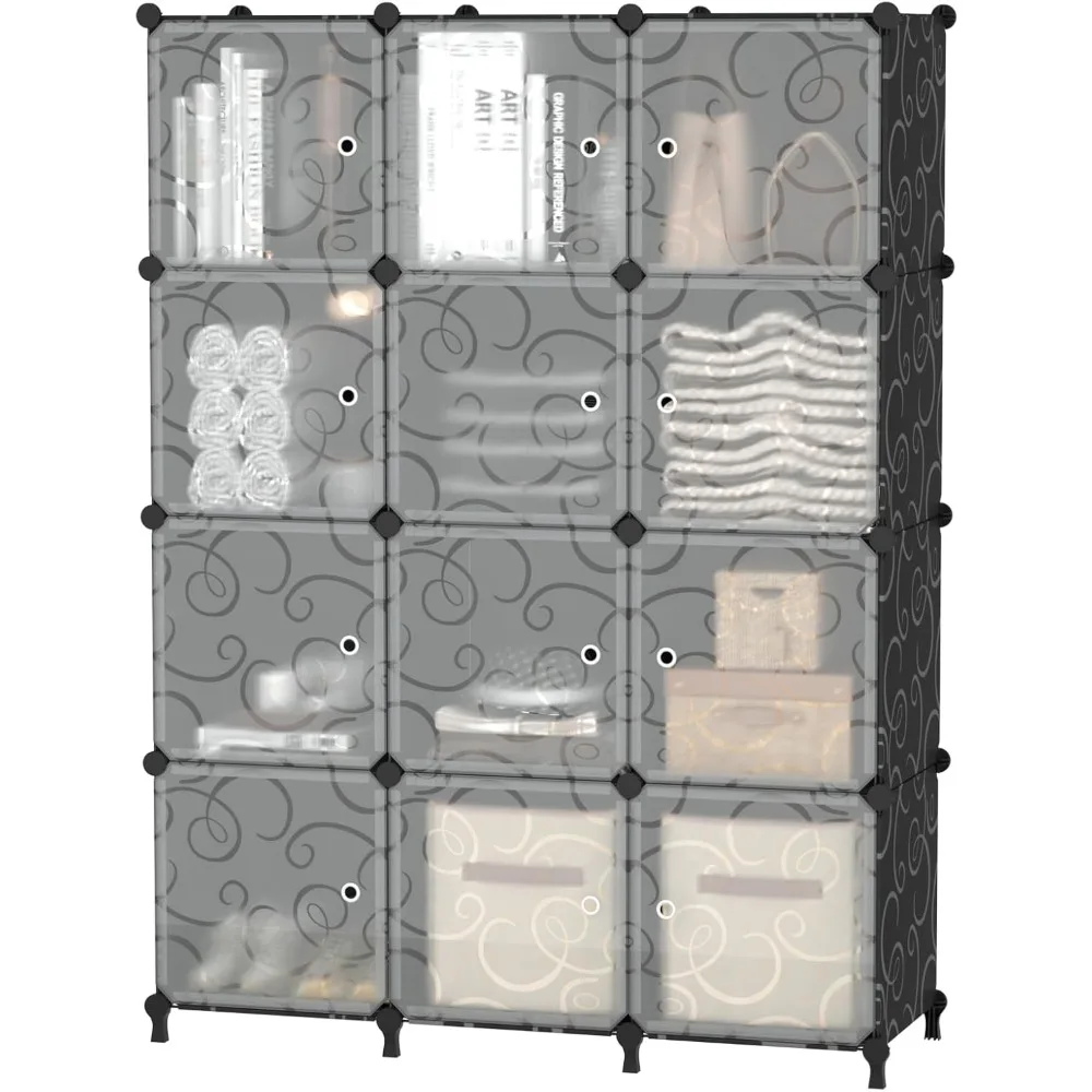 

Модульный органайзер для хранения вещей на 12 кубов с дверцами, штабелируемые полки для спальни, гостиной, черный