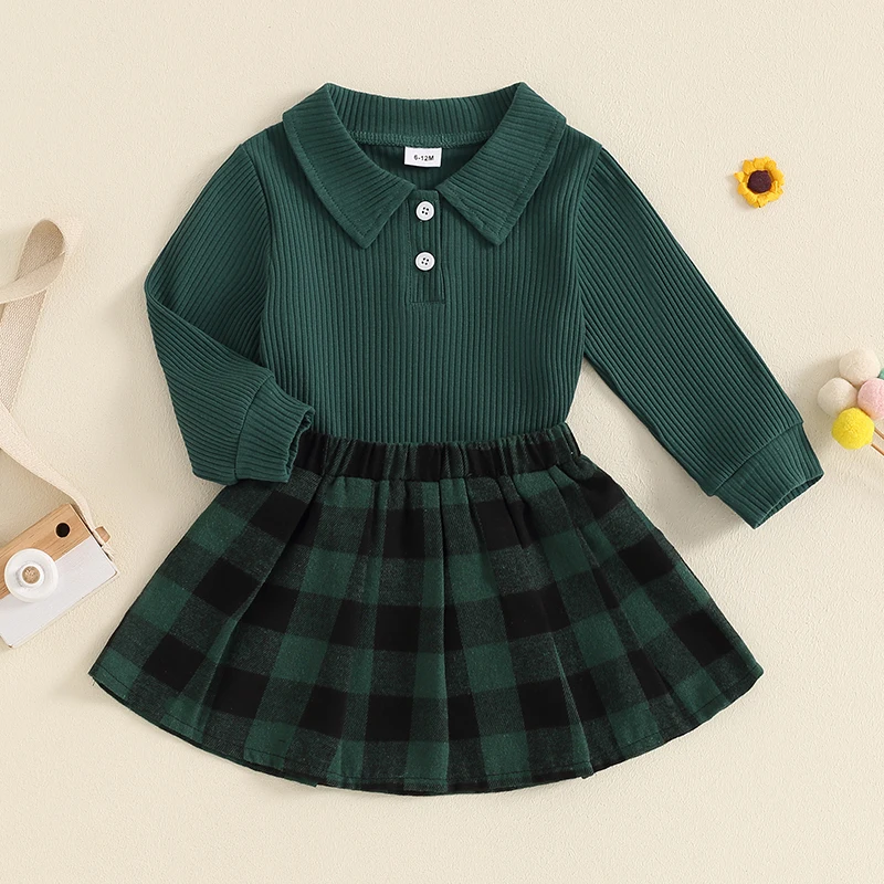 Children Kids Girls Autumn Clothing Sets Solid Ribbed Long Sleeve Button T-shirts with Pleated Mini Plaid Skirts Xmas Outfits