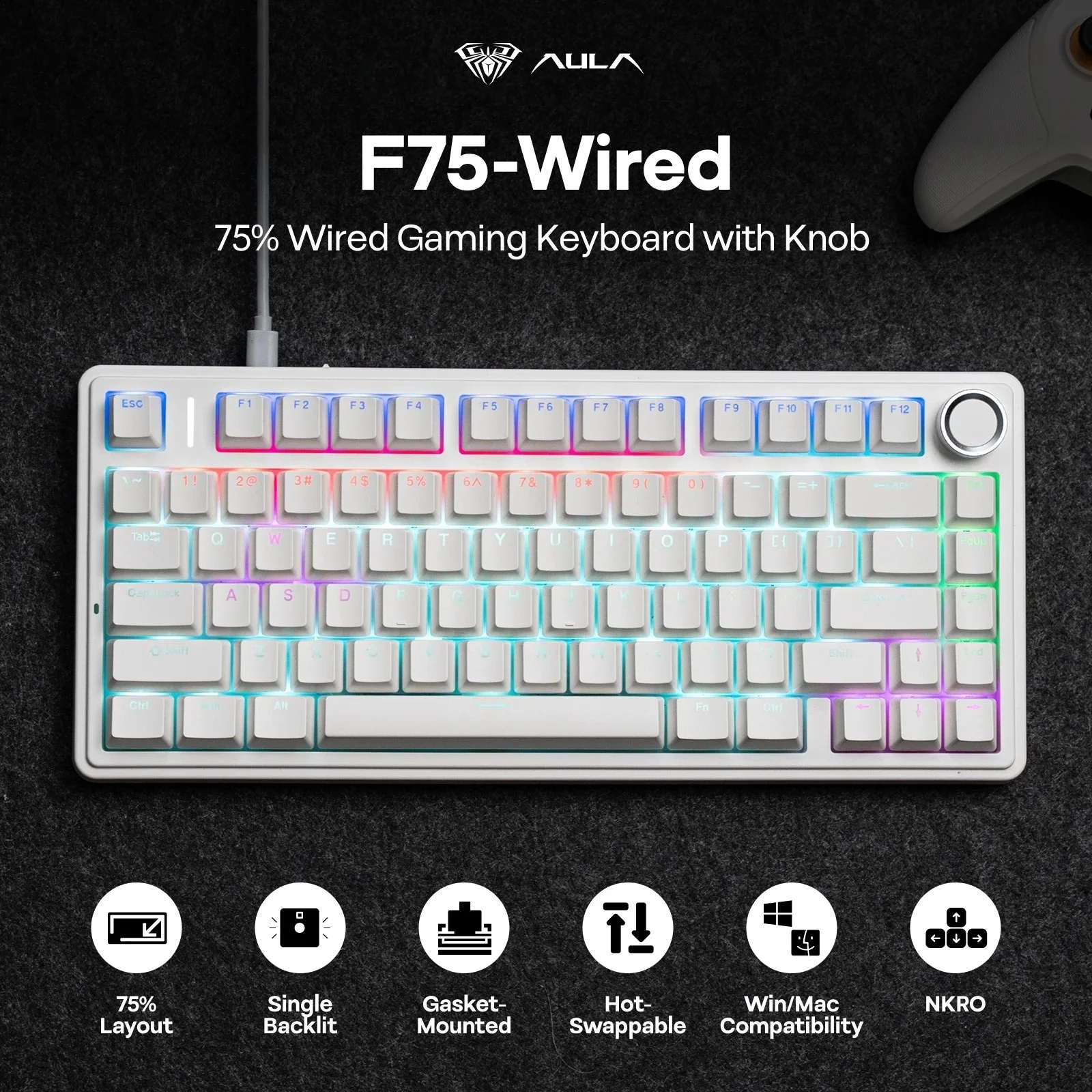 

AULA F75 Wired Only 75% Mechanical Keyboard ANSI US Layout Gasket Hot Swappable Switch RGB with Knob for Windows Latop PC Gamer