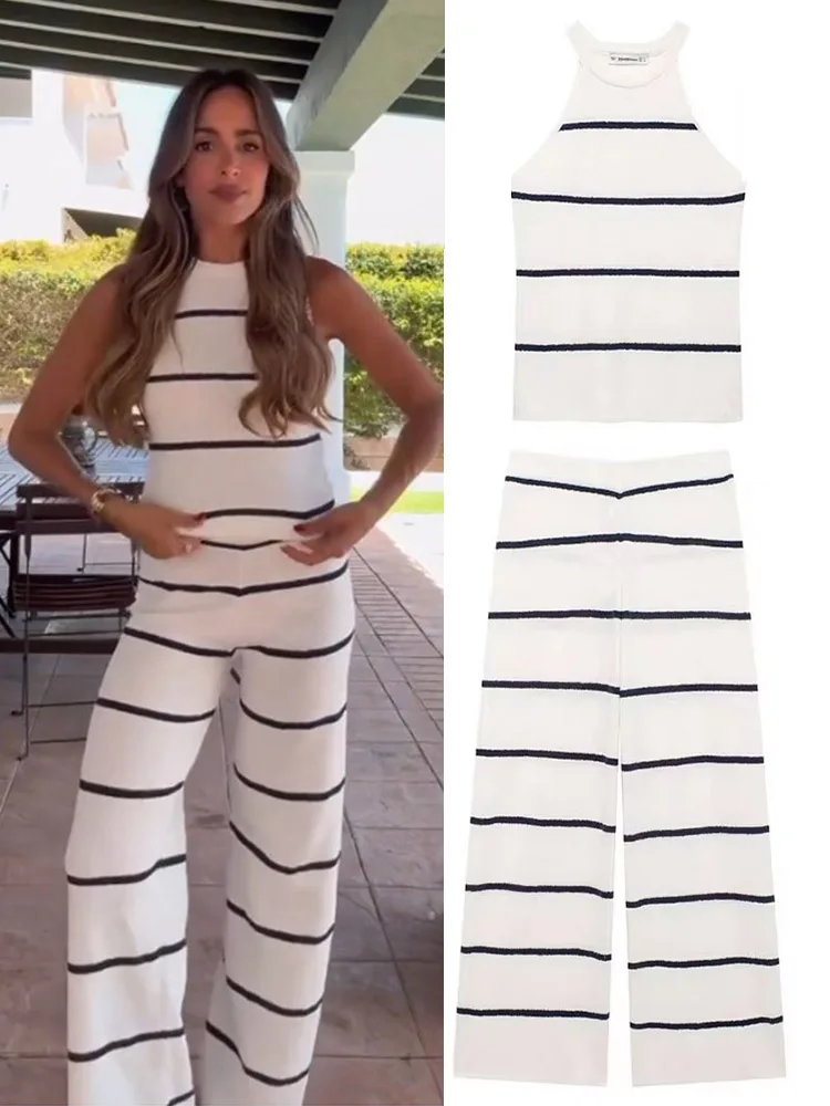 TRAFZA Female Chic Sets Stripe O-Neck Sleeveless Sweater Vest +High Waist Elastic Waist Wide Leg Pants Summer Suit Woman Trendy