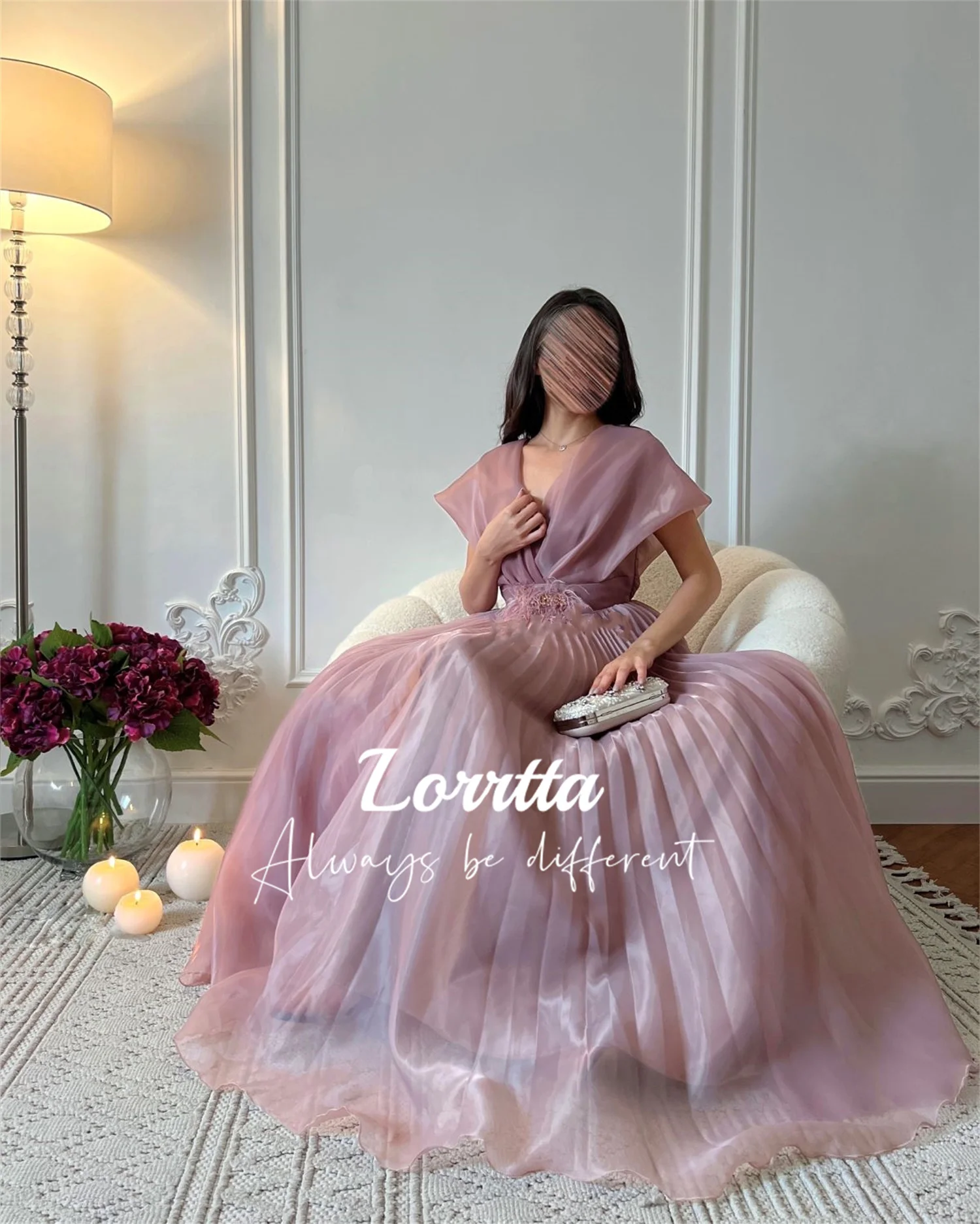 

Lorrtta Floor-length Rhinestones V Collar Folds Saudi Arabia Women's Robes Pink Feather Organza Dresses for Prom Evening Gowns