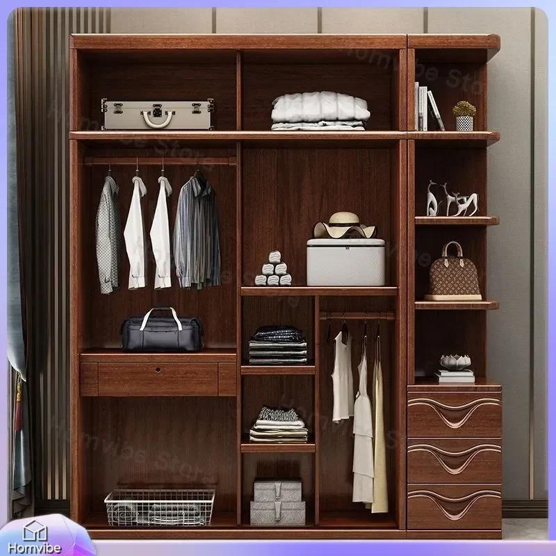 Modern Walnut Wardrobe Solid Wood Sliding Door Closet Bedroom Furniture Small Storage Cabinet Home Organizer Minimalist