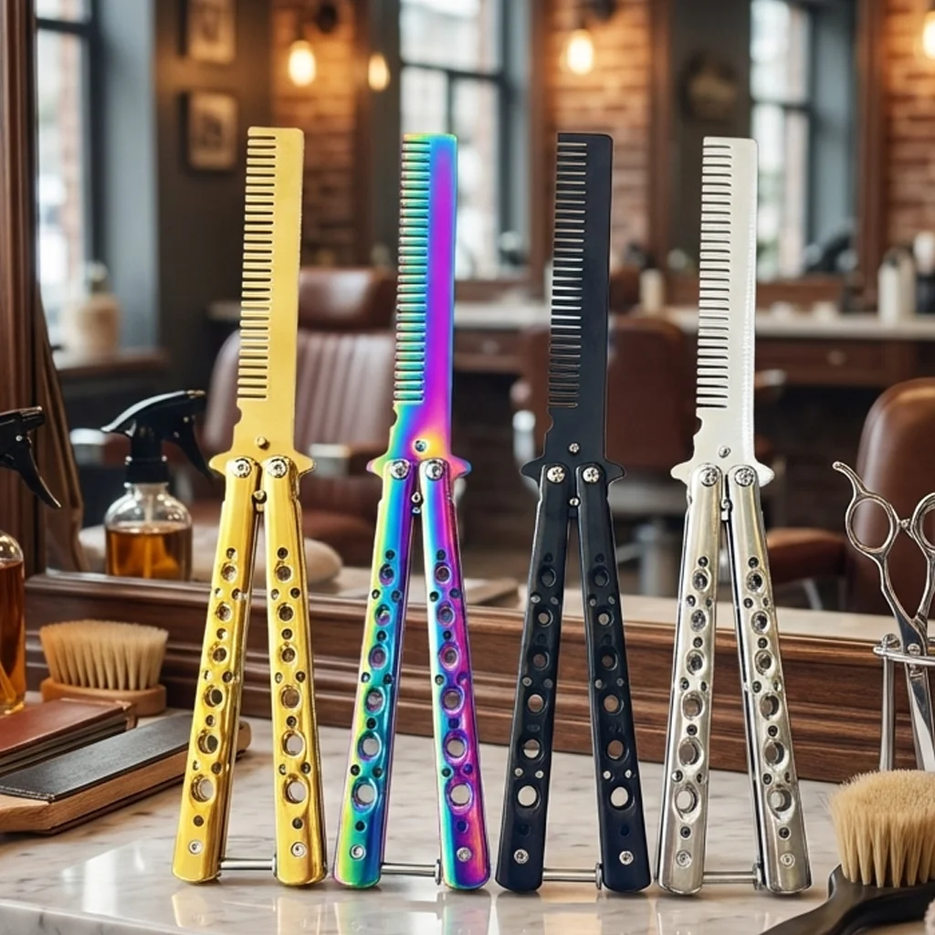 Multicolor stainless steel butterfly comb, folding training beard comb, barber shop styling tool, men's CSG practice comb tool