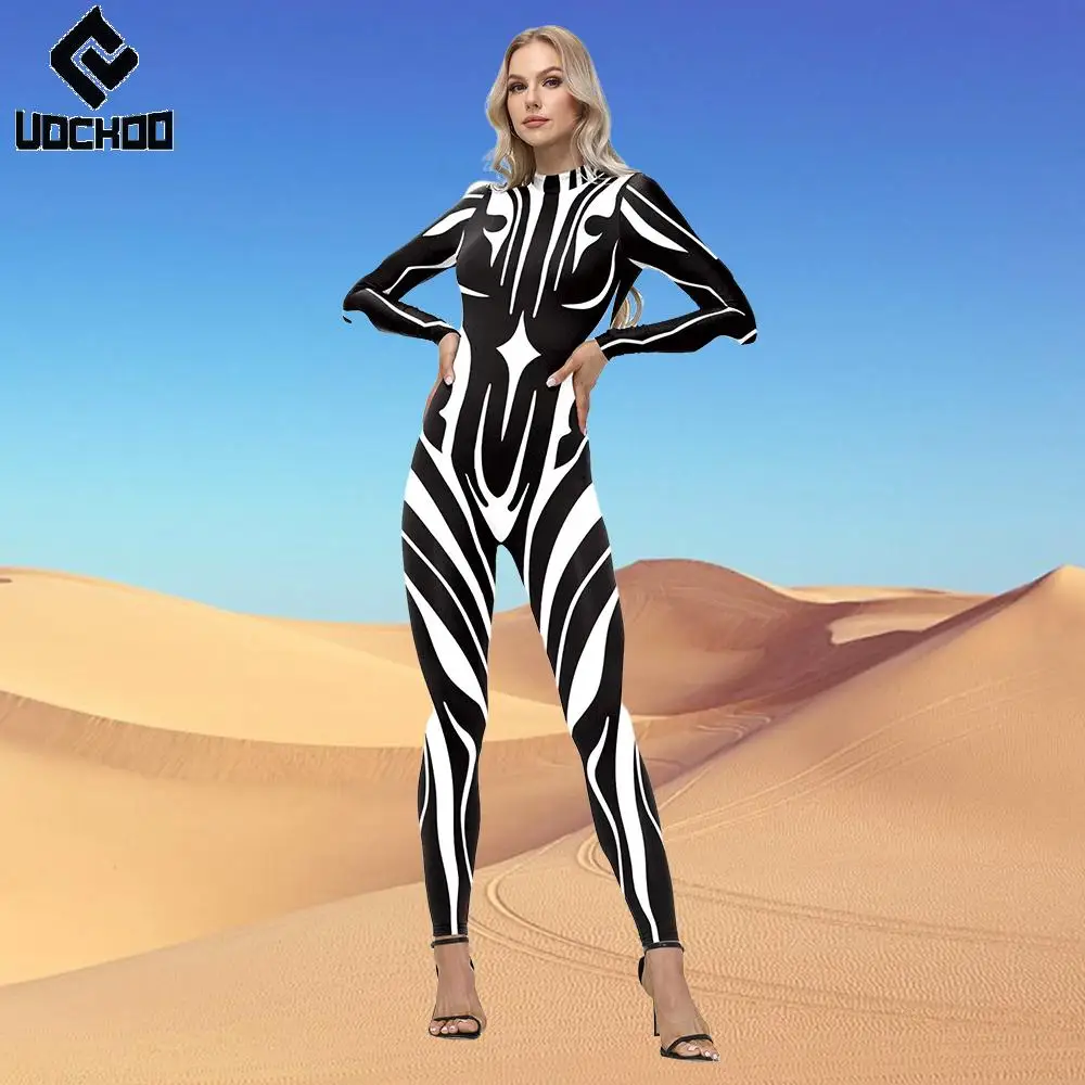 

Fashion Jumpsuit Desert Carnival Cosplay Costume Vintage Black White Stripe Bodysuit Tribal Style Bronze Ware Pattern Outfit