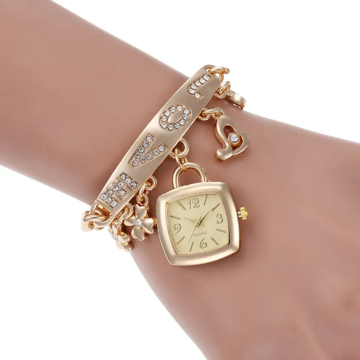 Women Watches with Letters Rhinestone Inlaid Chain Bracelet Flower Pendant Wrist Watch Ladies Dress Watches Gift Zegarek Damski