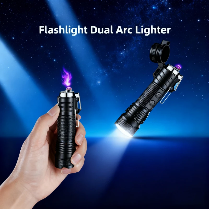 

New Outdoor Waterproof Flashlight Double Arc Lighter - Strong Light, Windproof, Cigarette Accessory Tools & Travel Tool