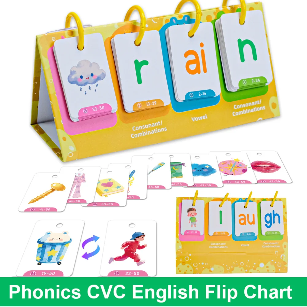 Phonics CVC Words English Flashcards for Kids Homeschool Double Sides Builder Digraph Spelling Sight Words Flip Learning Cards