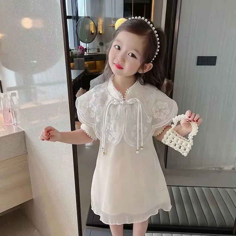 Kids Girls Dress Summer 2023 New Chinese Style Short Sleeve Hanfu Qi Pao Skirt Fashionable Childrens Ancient Style Skirt Trend