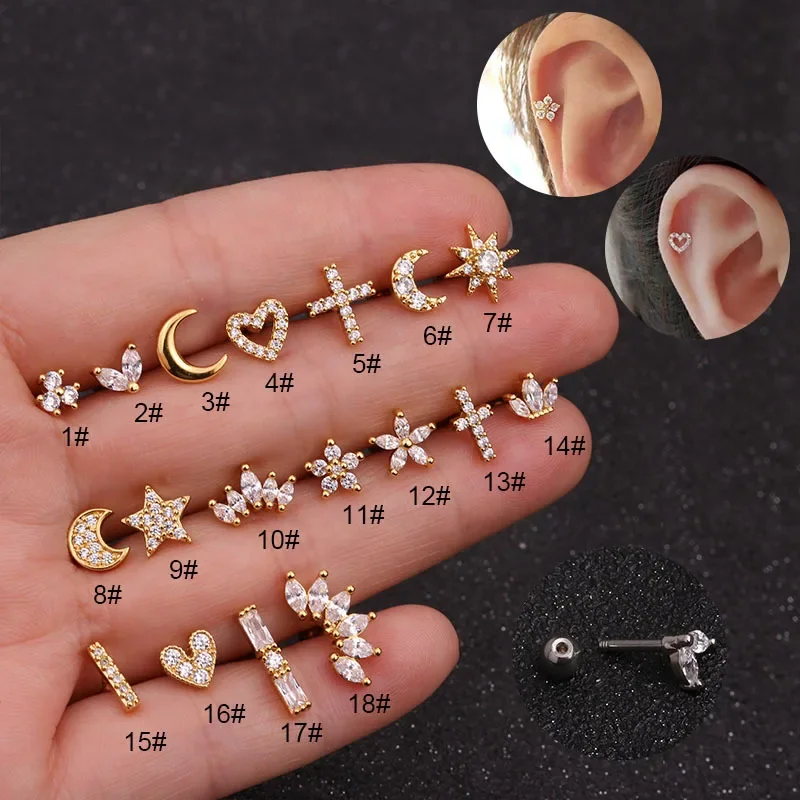 16G Titanium 1Piece Piercing Stud Earrings for Women Earrings Jewelry Stainless Steel Moon Star Flower Earring Screw Back Stud