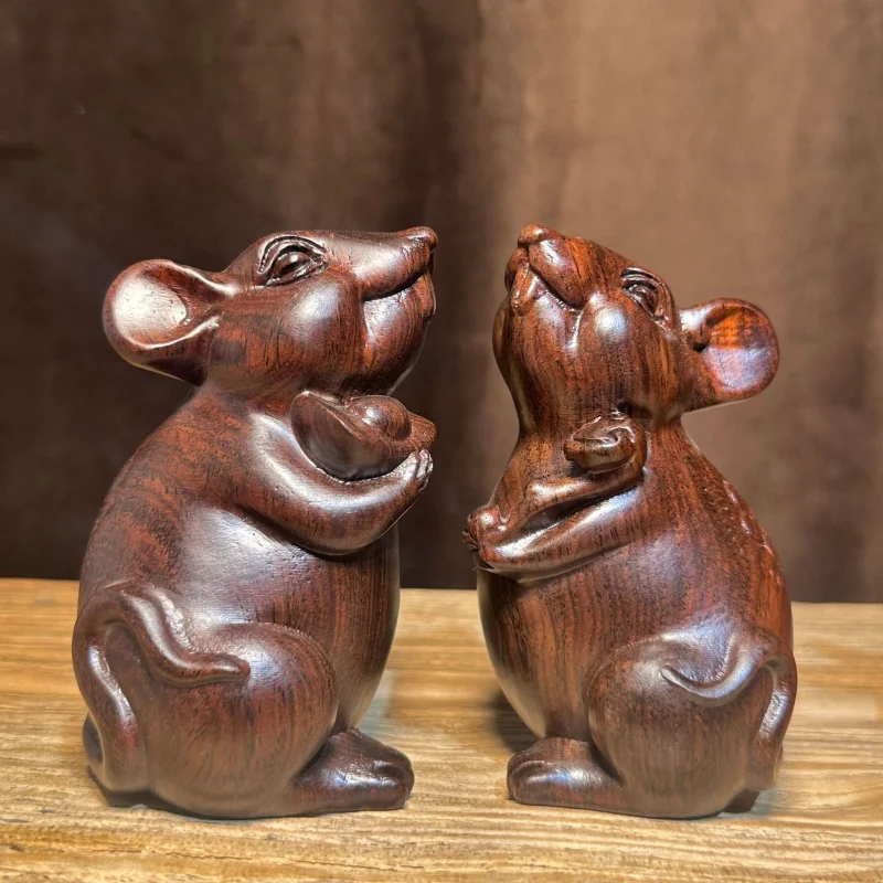Rosewood Carved Mouse Ornament Twelve Zodiac Yuanbao Ruyi Rat Wealth Home Living Room Office Decoration Craft