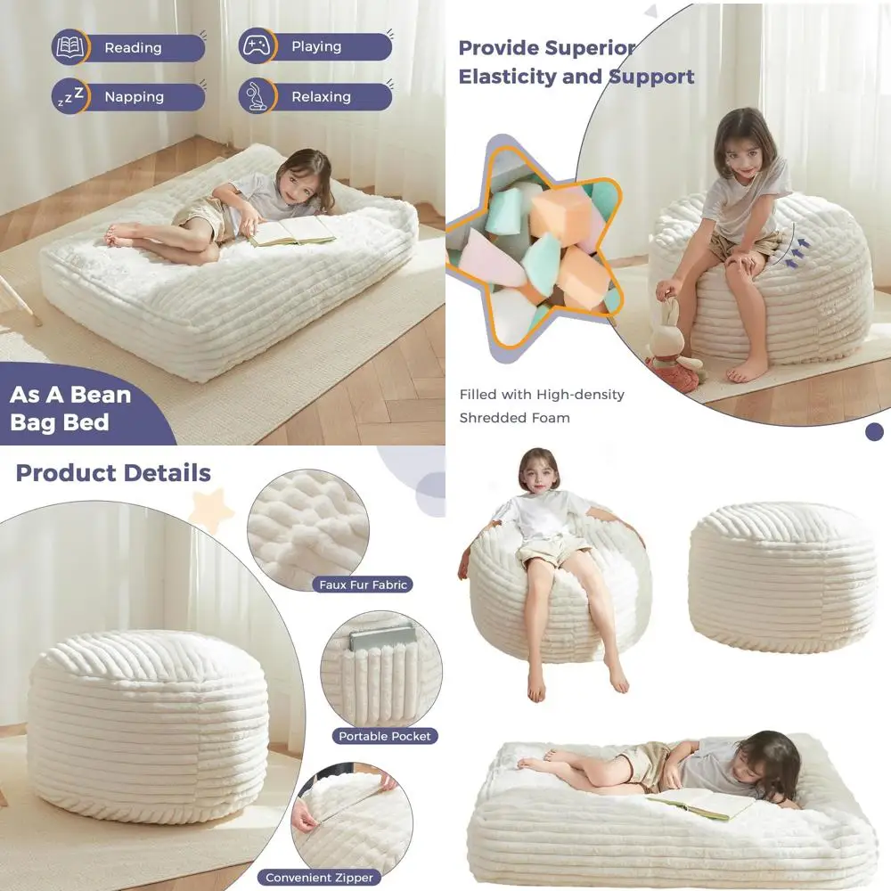 

Convertible Kids Bean Bag Chair and Bed with Faux Fur, Machine Washable Cover, Beige