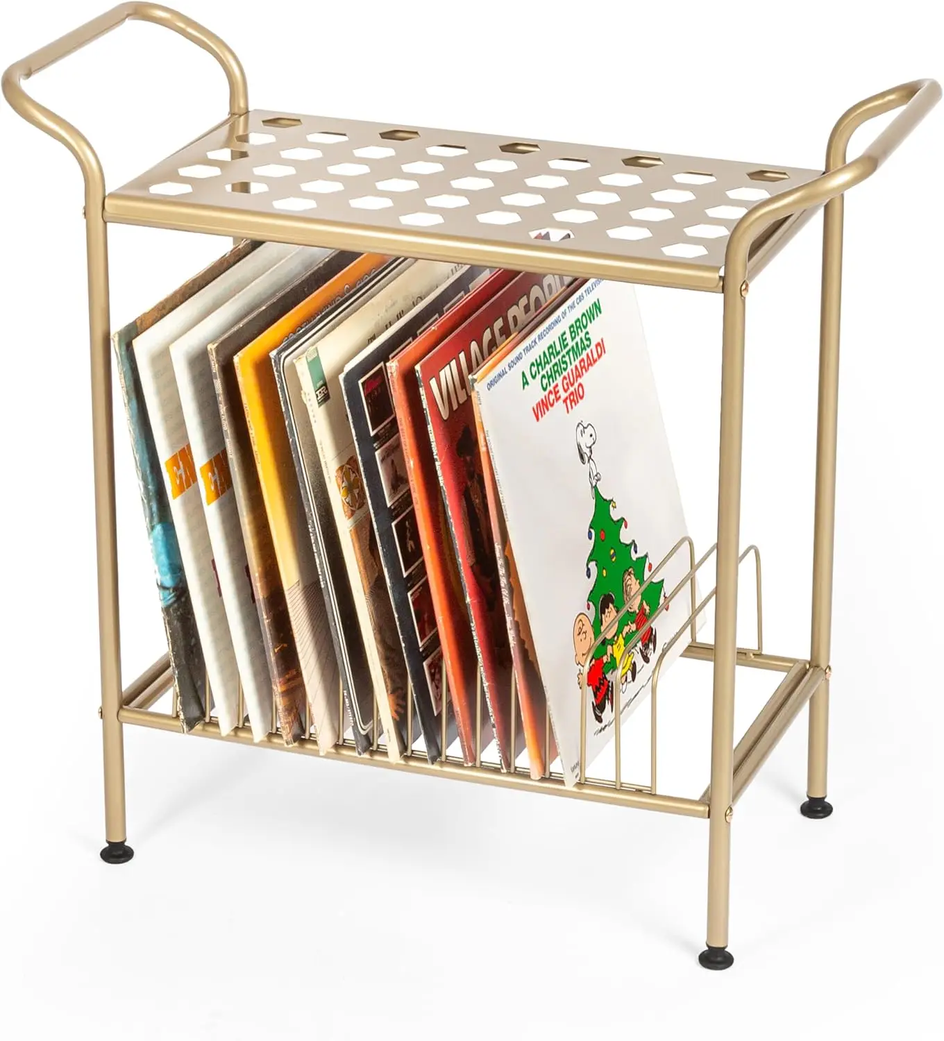 

Двухуровневая подставка для виниловых пластинок из золотистого металла с полками и 14 слотами для хранения